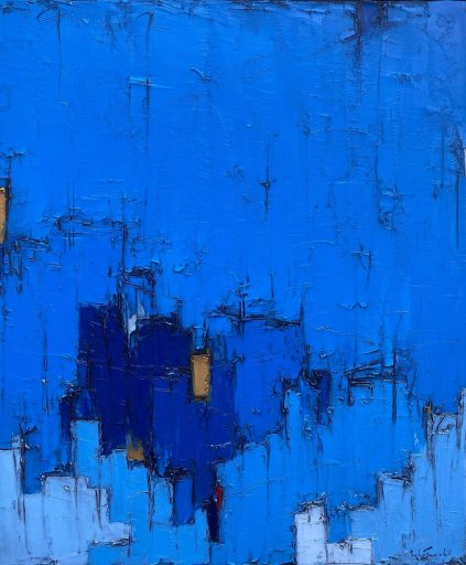 Grand Bleu no.37 par Dominik Sokolowski, une peinture à l'huile sur toile. Art contemporain à vendre à la Galerie Blanche de Montréal.