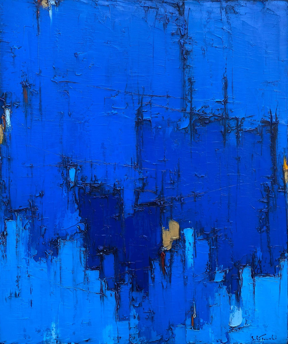 Grand Bleu no.38 par Dominik Sokolowski, une peinture à l'huile sur toile. Art contemporain à vendre à la Galerie Blanche de Montréal.