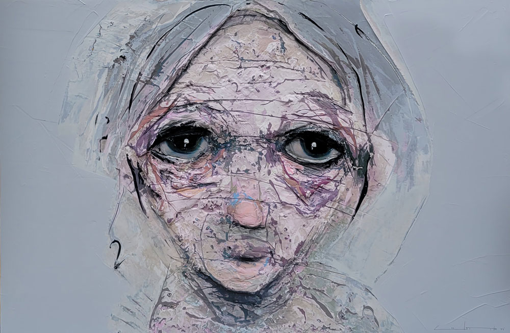 Portrait à la peinture acrylique à vendre à notre galerie d'art contemporain de Montréal. « Les grands froids ne m'atteindront plus II » par Sylvain Coulombe à la Galerie Blanche.