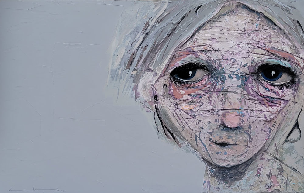 Portrait à la peinture acrylique à vendre à notre galerie d'art contemporain de Montréal. « Les grands froids ne m'atteindront plus » par Sylvain Coulombe à la Galerie Blanche.