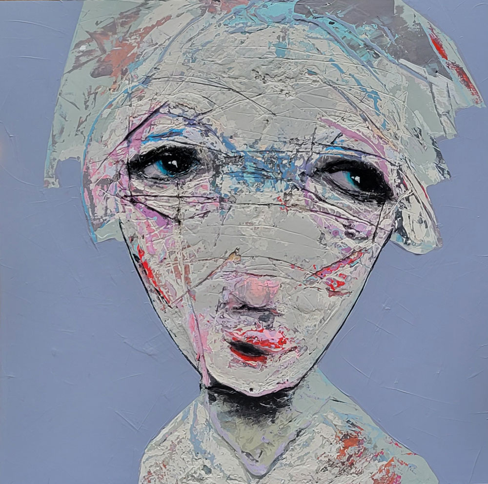 Portrait à la peinture acrylique à vendre à notre galerie d'art contemporain de Montréal. « Une incertitude se transforme » par Sylvain Coulombe à la Galerie Blanche.
