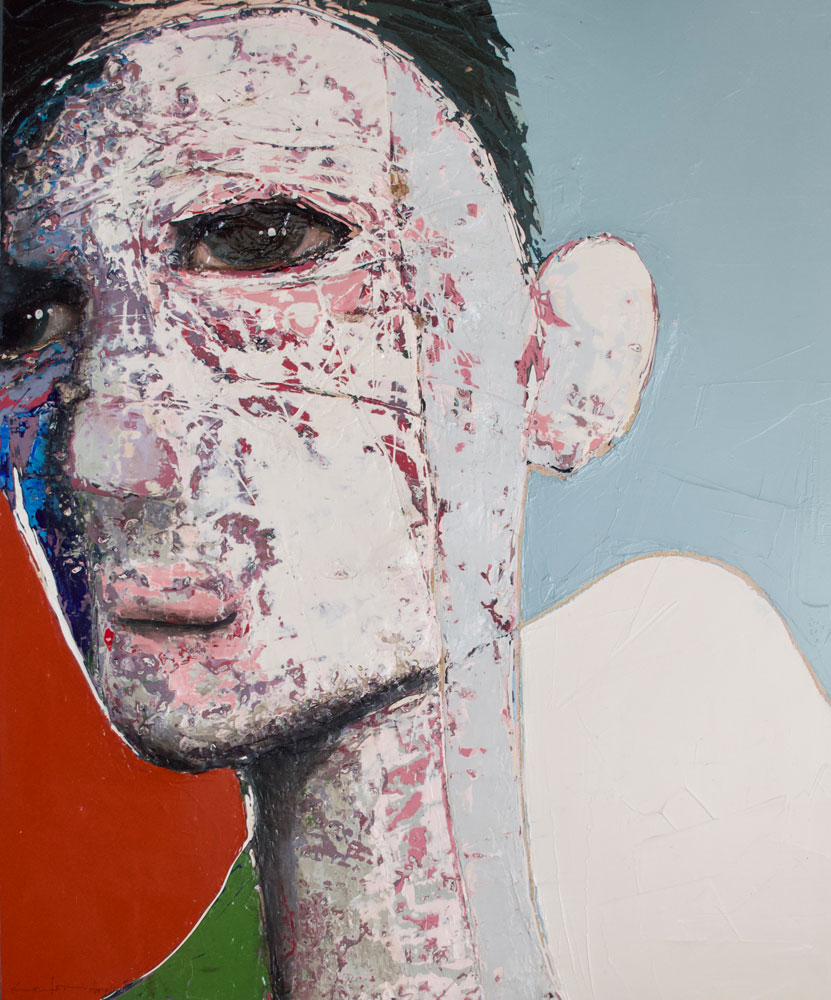 Portrait à la peinture acrylique à vendre à notre galerie d'art contemporain de Montréal. « Avant de partir » par Sylvain Coulombe à la Galerie Blanche.