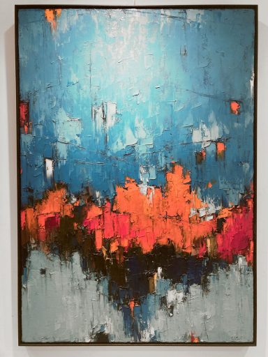 Composition bleu orange no.1 par Dominik Sokolowski, une peinture à l'huile sur toile. Art contemporain à vendre à la Galerie Blanche de Montréal.