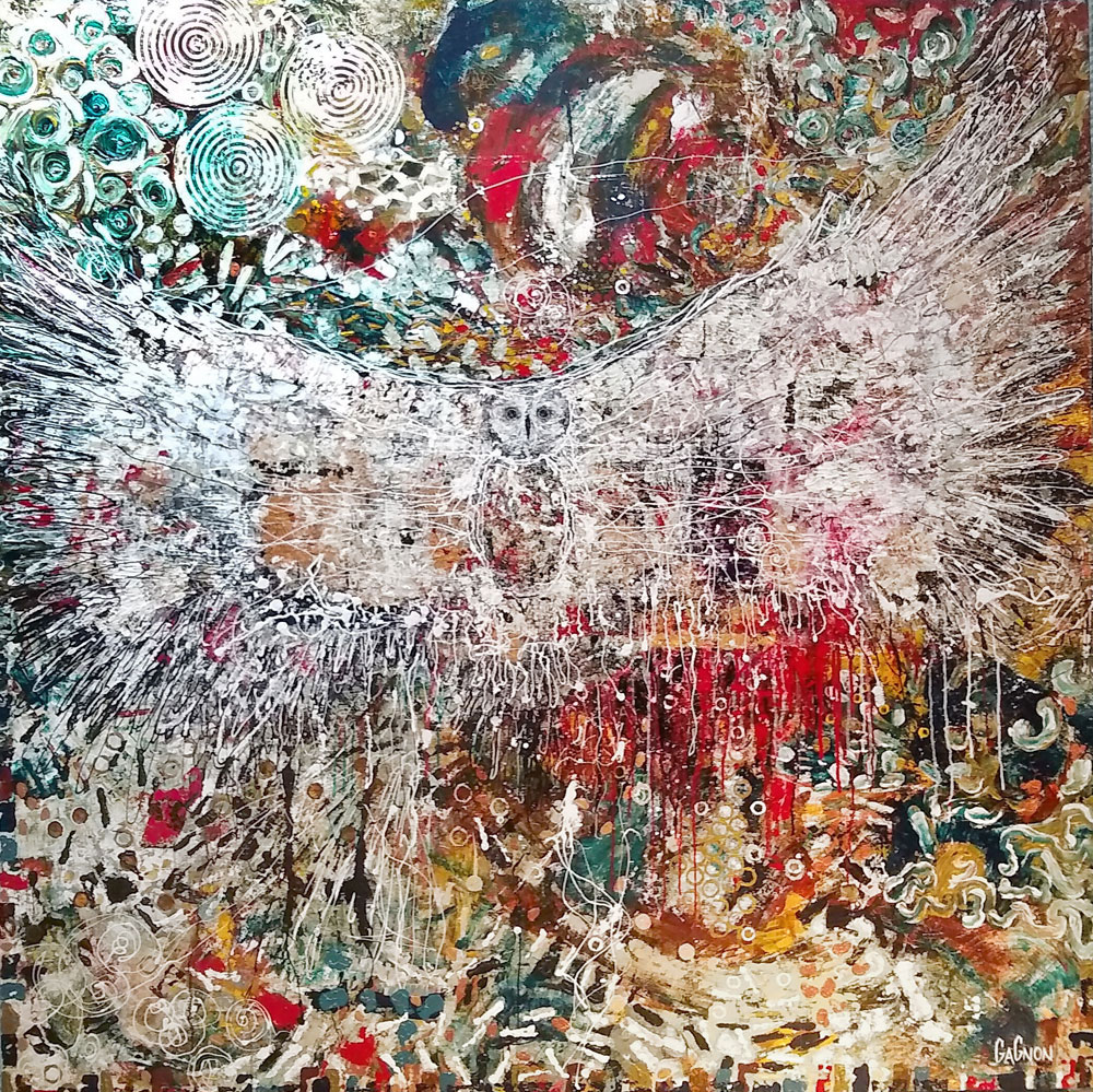 Peinture acrylique abstraite d'un hibou par Gagnon à vendre en galerie d'art à Montréal. « L'affranchi » disponible à la Galerie Blanche de Montréal.