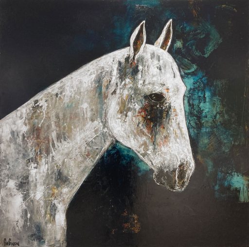 Peinture acrylique abstraite d'un cheval par Gagnon à vendre en galerie d'art à Montréal. « Regard dans la nuit » disponible à la Galerie Blanche de Montréal.
