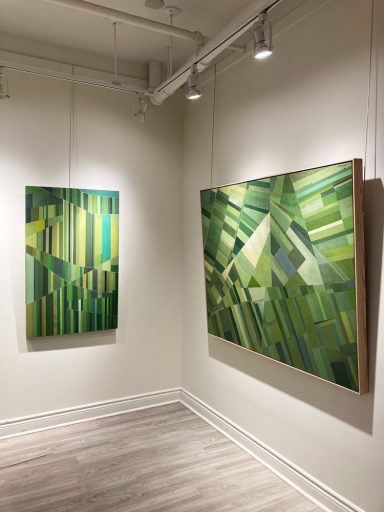 Peinture acrylique abstraite rurale par Kathleen Finlay à vendre en galerie d'art à Montréal. « Aerial Geometry No. 2» disponible à la Galerie Blanche de Montréal.