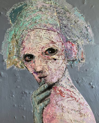 Peinture acrylique à vendre à notre galerie d'art contemporain de Montréal. « Au moment où sa pensée se réalise » par Sylvain Coulombe à la Galerie Blanche.