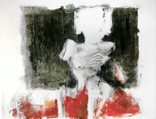 Techniques mixtes sur papier japonais portrayant une femme abstraite. « Je ne sais toujours pas comment aimer » par Joann Côté à vendre à la Galerie Blanche de Montréal.