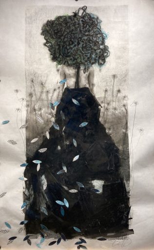 Techniques mixtes sur papier japonais portrayant un homme abstrait. « L'homme qui fait vibrer mon coeur » par Joann Côté à vendre à la Galerie Blanche de Montréal.