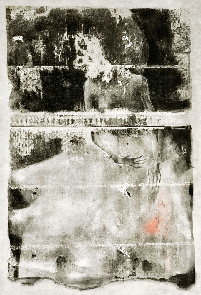 Techniques mixtes sur papier japonais portrayant une femme abstraite. « Les mains noires » par Joann Côté à vendre à la Galerie Blanche de Montréal.