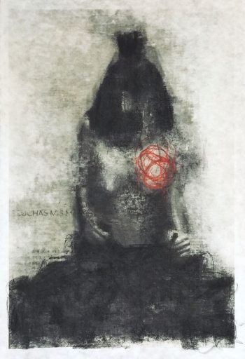 Techniques mixtes sur papier japonais portrayant une femme abstraite. « Rien n'est plus précieux que l'interdépendance » par Joann Côté à vendre à la Galerie Blanche de Montréal.