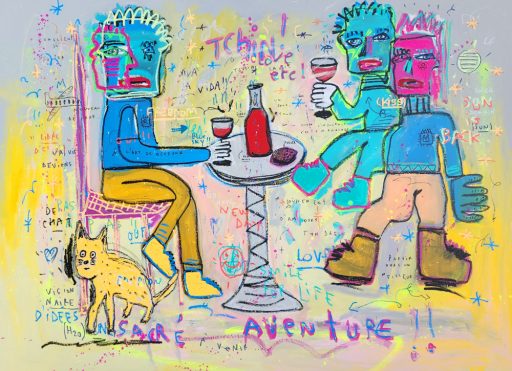 Peinture acrylique abstraite par Jazzu à vendre en galerie d'art à Montréal. « Sacrée aventure » disponible à la Galerie Blanche.