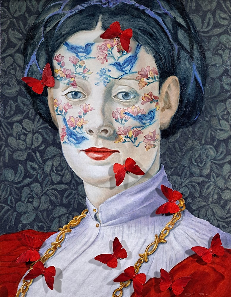 Lady with butterflies par Serge Déry, une peinture à l'huile sur panneau de bois. Art contemporain à vendre à la Galerie Blanche de Montréal.