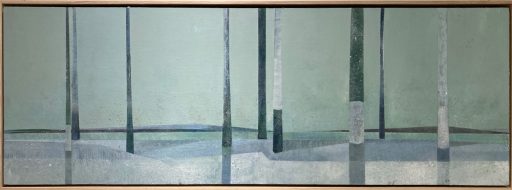 Peinture acrylique abstraite rurale par Kathleen Finlay à vendre en galerie d'art à Montréal. « Winter treeline » disponible à la Galerie Blanche de Montréal.