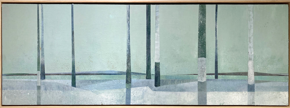 Peinture acrylique abstraite rurale par Kathleen Finlay à vendre en galerie d'art à Montréal. « Winter treeline » disponible à la Galerie Blanche de Montréal.