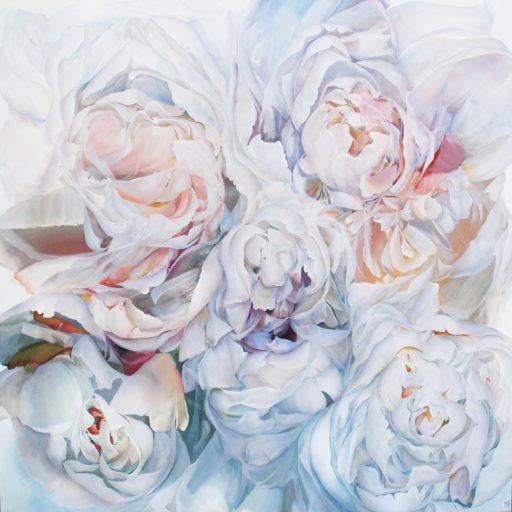 Roses abstraites en techniques mixtes sur toile « Bold Subtleties » par Elle Belz. Art contemporain à vendre à la Galerie Blanche de Montréal.