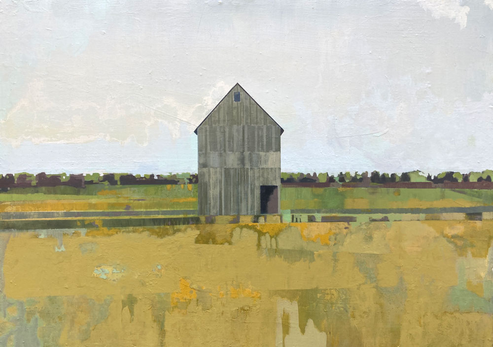 Peinture acrylique d'un paysage contemporain sur panneau de bois 20 par 28 pouces. « Consecon P.E.C » par Kathleen Finlay à vendre à la Galerie Blanche de Montréal.