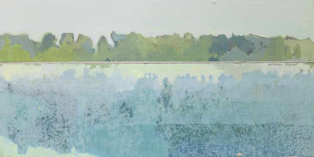 Peinture acrylique d'un paysage contemporain sur panneau de bois 12 par 6 pouces. « Lake Horizon » par Kathleen Finlay à vendre à la Galerie Blanche de Montréal.