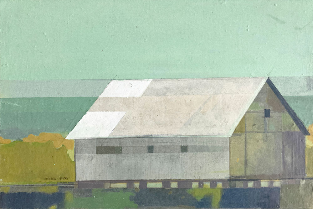 Peinture acrylique d'un paysage contemporain sur panneau de bois 8 par 12 pouces. « Farm House » par Kathleen Finlay à vendre à la Galerie Blanche de Montréal.
