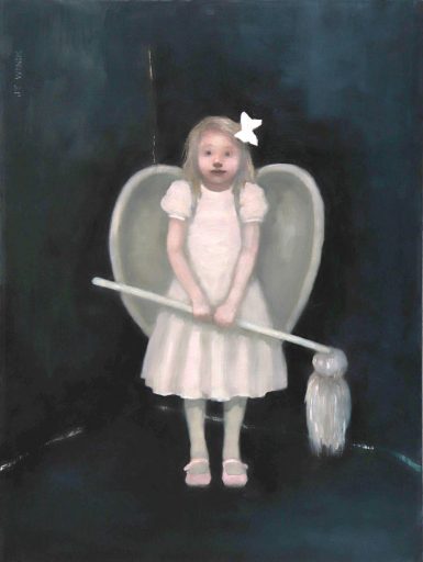 Portrait d'une fillette à l'huile sur toile par J.T. Winik à vendre en galerie d'art à Montréal. « Angel wîth Mop » disponible à la Galerie Blanche.