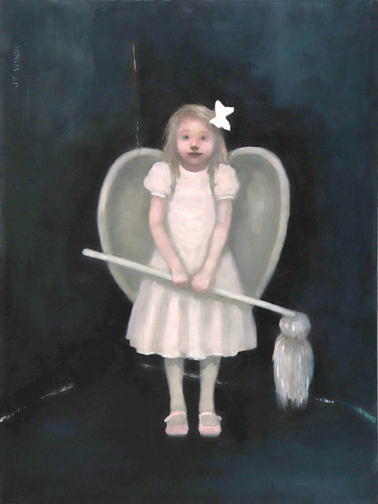 Portrait d'une fillette à l'huile sur toile par J.T. Winik à vendre en galerie d'art à Montréal. « Angel wîth Mop » disponible à la Galerie Blanche.