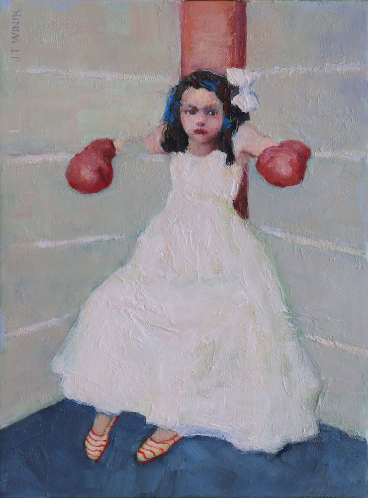 Portrait d'une boxeuse junior à l'huile sur toile par J.T. Winik à vendre en galerie d'art à Montréal. « Boxer Girl 1 » disponible à la Galerie Blanche.