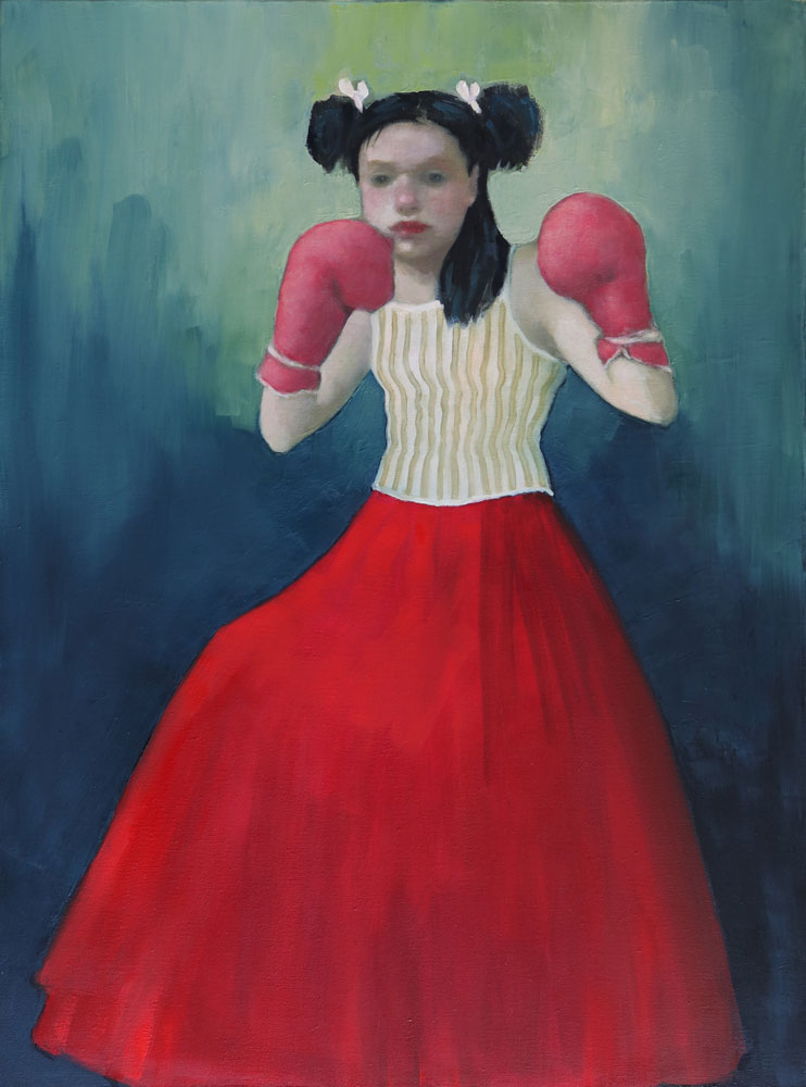 Portrait d'une boxeuse junior à l'huile sur toile par J.T. Winik à vendre en galerie d'art à Montréal. « Boxer Girl (red skirt) » disponible à la Galerie Blanche.