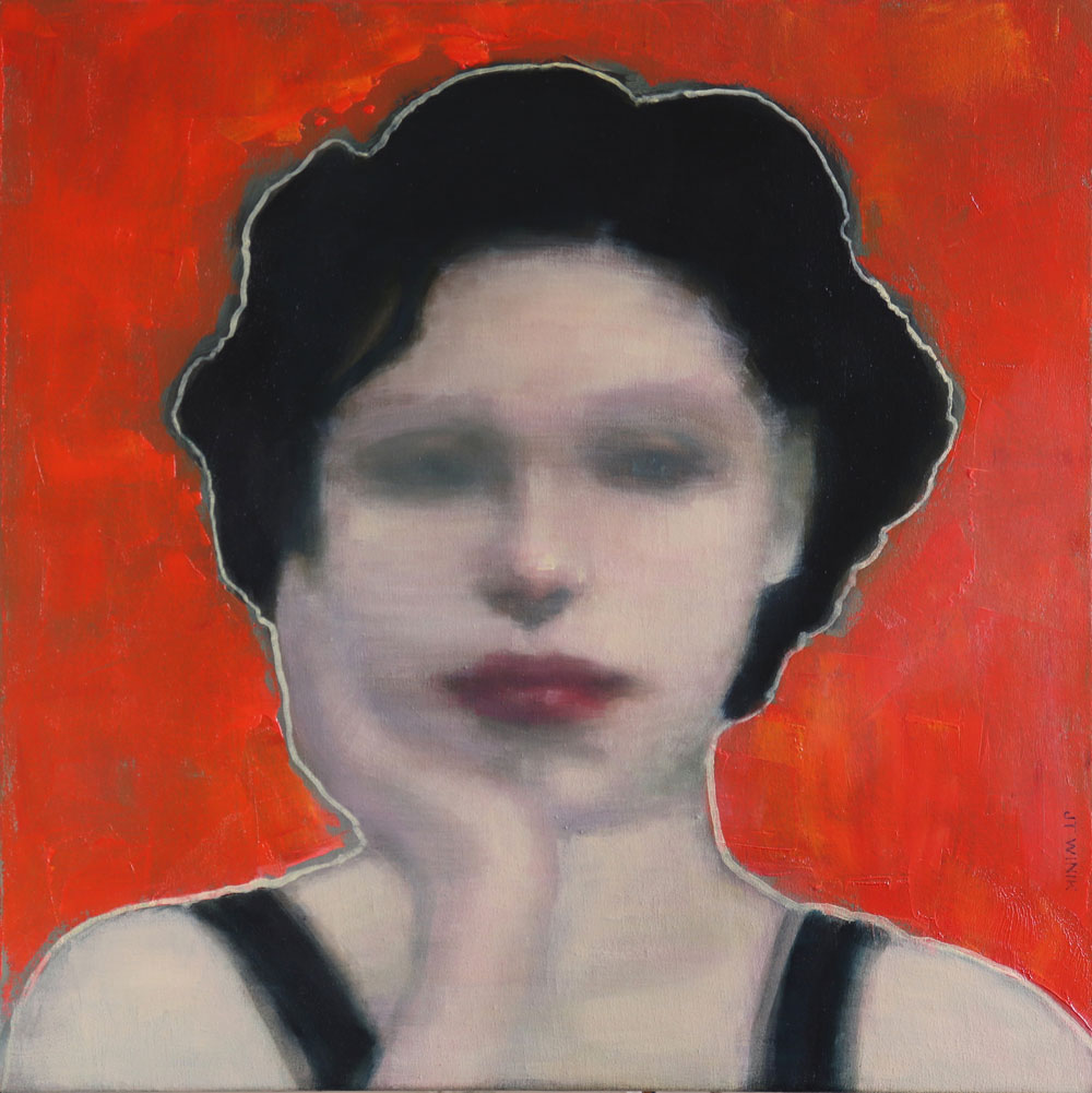 Portrait d'une femme à l'huile sur toile par J.T. Winik à vendre en galerie d'art à Montréal. « Day Dreams on an Orange Afternoon » disponible à la Galerie Blanche.