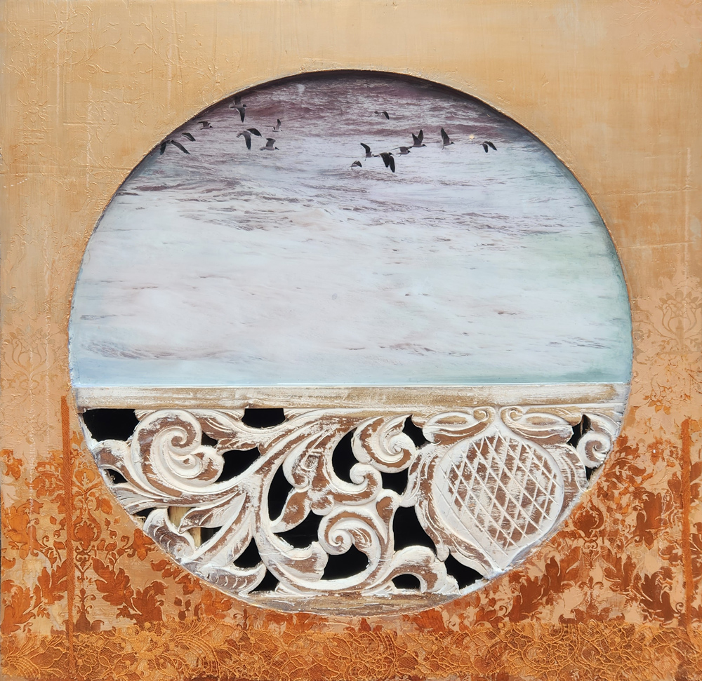Paysage abstrait en techniques mixtes sur bois « Entre ciel et terre » par Amélie Desjardins. Art contemporain à vendre à la Galerie Blanche de Montréal.