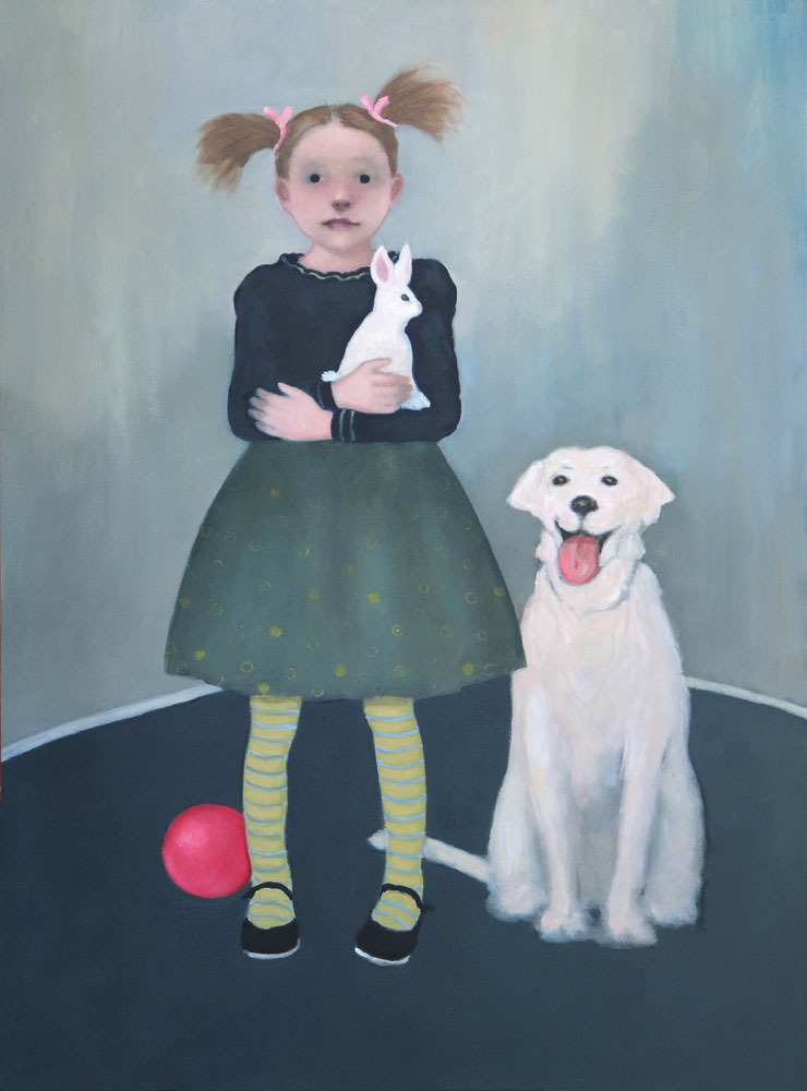 Portrait d'une enfant à l'huile sur toile par J.T. Winik à vendre en galerie d'art à Montréal. « The Family (Girl with Dog and Bunny) » disponible à la Galerie Blanche.