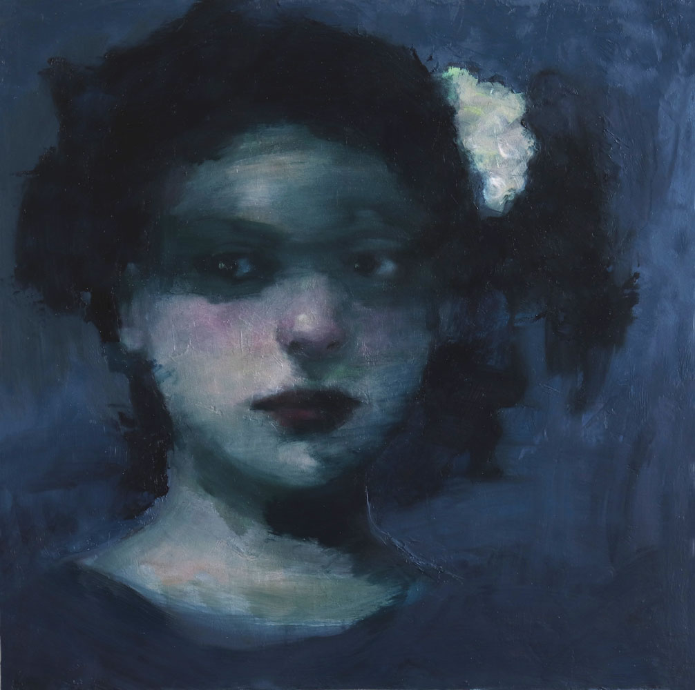Portrait d'une fillette à l'huile sur toile par J.T. Winik à vendre en galerie d'art à Montréal. « Girl with Flower in her Hair » disponible à la Galerie Blanche.