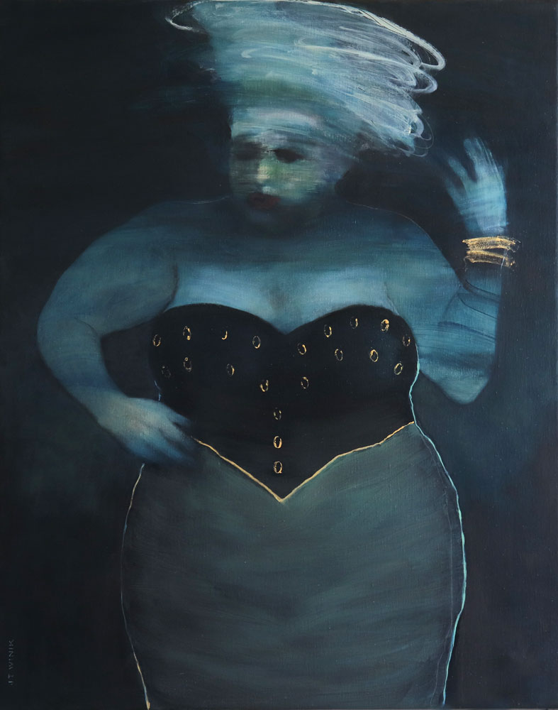 Portrait d'une femme à l'huile sur toile par J.T. Winik à vendre en galerie d'art à Montréal. « La chanteuse de la nuit » disponible à la Galerie Blanche.