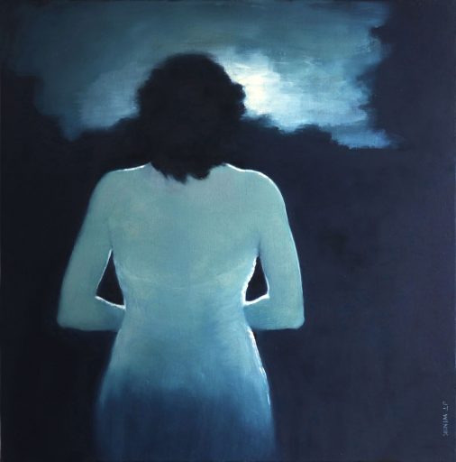 Portrait d'une femme de dos à l'huile sur toile par J.T. Winik à vendre en galerie d'art à Montréal. « Mesmerized » disponible à la Galerie Blanche.