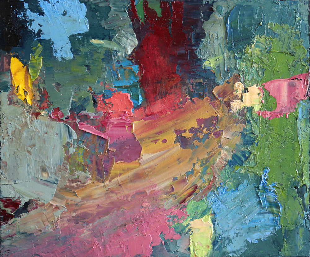 Abstrait à l'huile sur toile par J.T. Winik à vendre en galerie d'art à Montréal. « swirling » disponible à la Galerie Blanche.