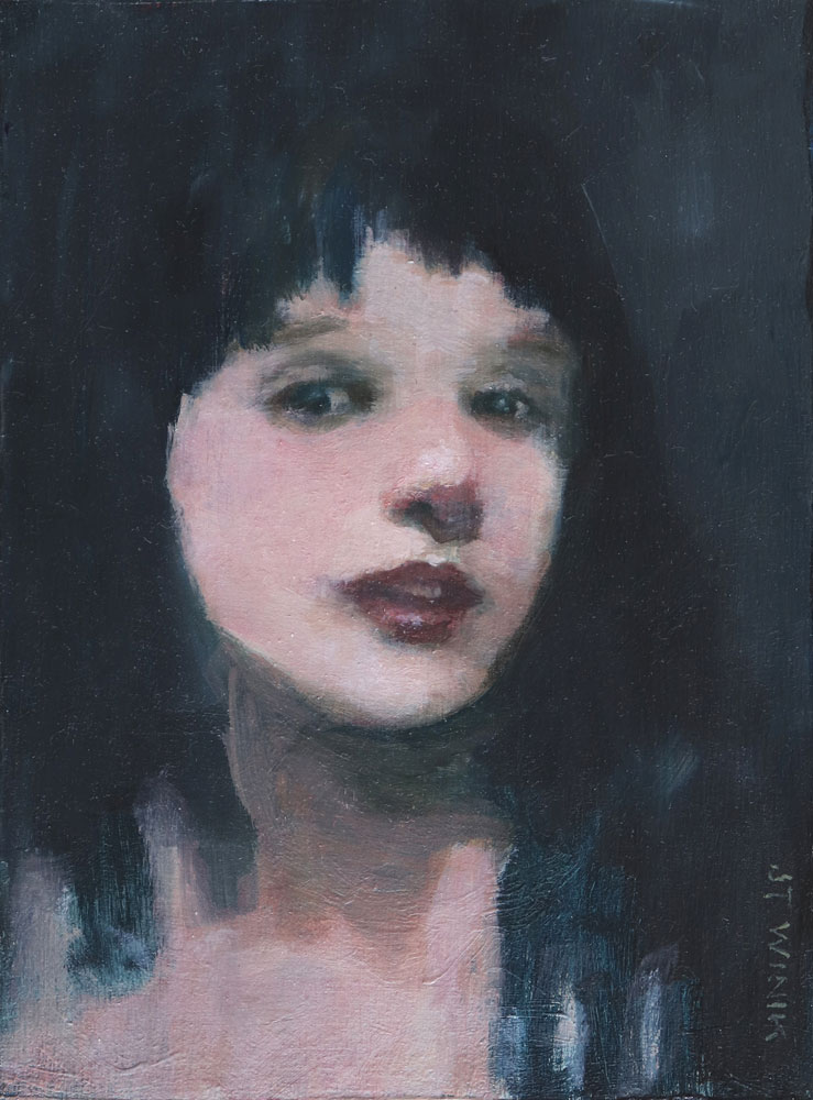 Autoportrait à l'huile sur toile par J.T. Winik à vendre en galerie d'art à Montréal. « The girl in the Mirror » disponible à la Galerie Blanche.