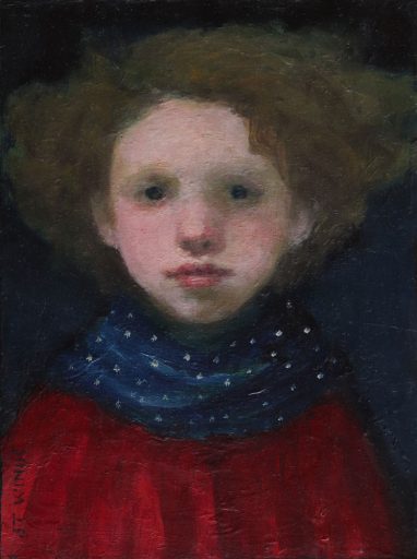 Portrait d'un enfant à l'huile sur toile par J.T. Winik à vendre en galerie d'art à Montréal. « The Wonder Child » disponible à la Galerie Blanche.