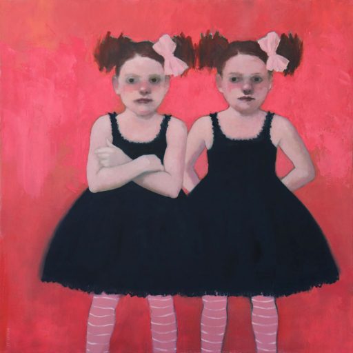 Portrait de jumelles à l'huile sur toile par J.T. Winik à vendre en galerie d'art à Montréal. « Two little angels » disponible à la Galerie Blanche.