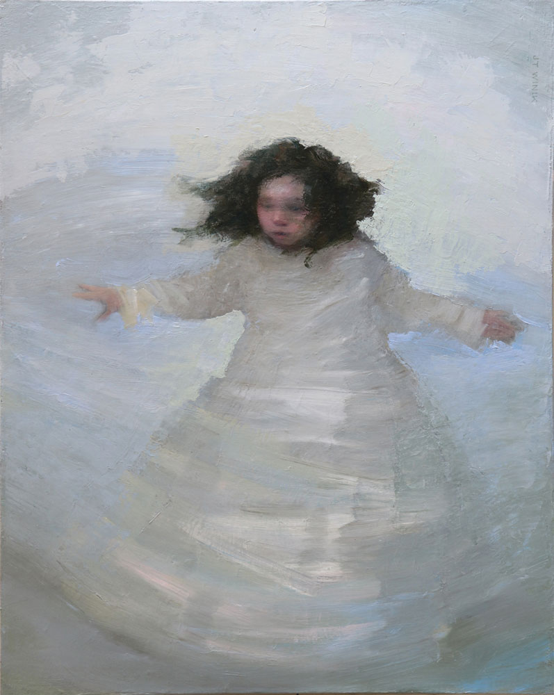 Portrait d'une fillette tourbillonant dans le vent, créée avec de l'huile sur toile par J.T. Winik à vendre en galerie d'art à Montréal. « Whirling girl » disponible à la Galerie Blanche.
