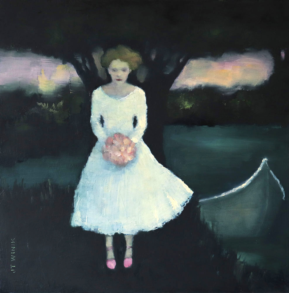 Portrait d'une mariée à l'huile sur toile par J.T. Winik à vendre en galerie d'art à Montréal. « Woman in white » disponible à la Galerie Blanche.