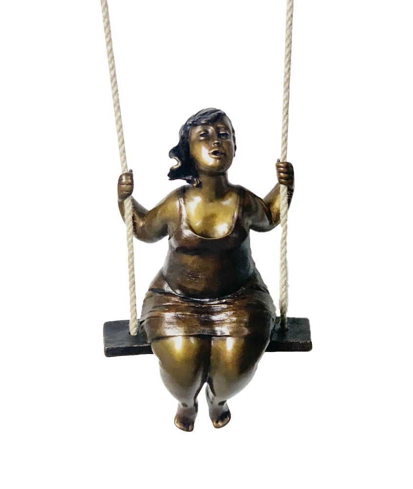 Sculpture de bronze d'une femme sur balançoire par Rose-Aimée Bélanger à vendre en galerie d'art à Montréal. « s'envoler au vent » disponible à la Galerie Blanche.