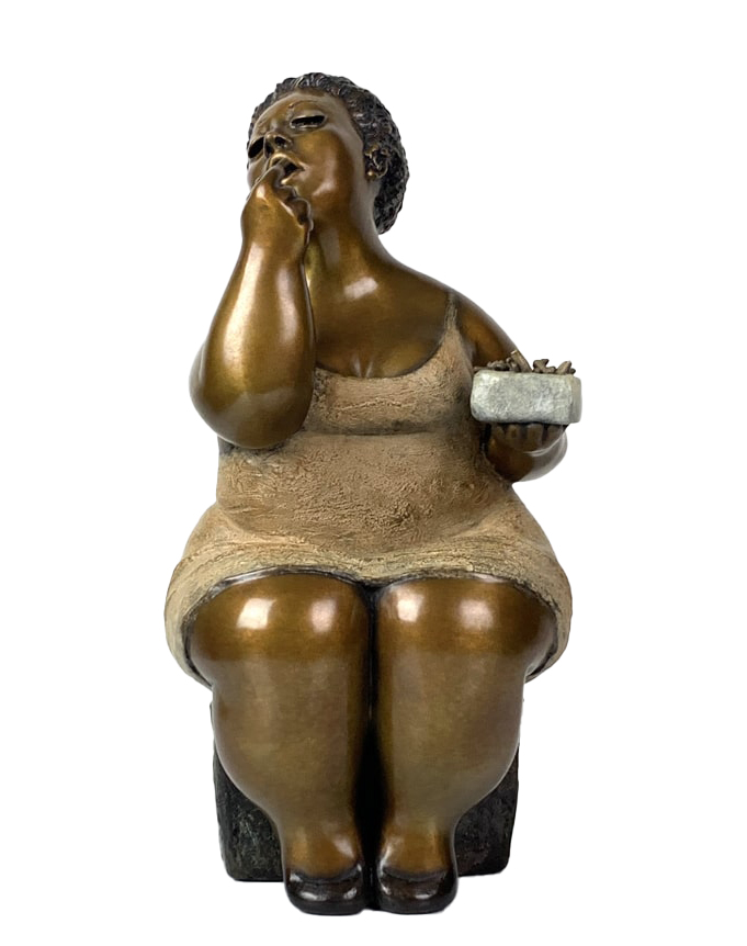 Sculpture de bronze par Rose-Aimée Bélanger à vendre en galerie d'art à Montréal. « Mon âme pour une frite » disponible à la Galerie Blanche.
